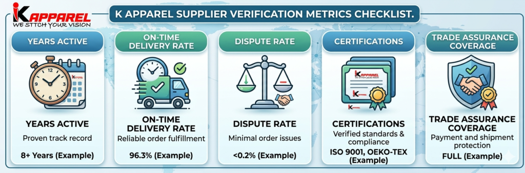 Alibaba supplier verification metrics checklist for apparel buyers