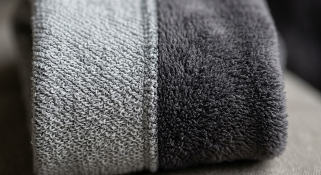 Close-up of French terry looped texture vs fleece brushed interior fabric