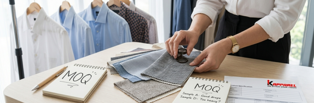 USA startup clothing brand reviewing test batch samples with factory