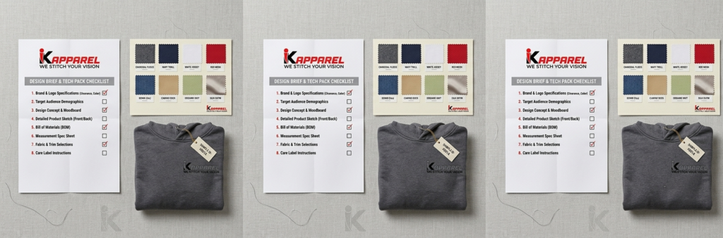 apparel sample process checklist with fabric swatches and garment review