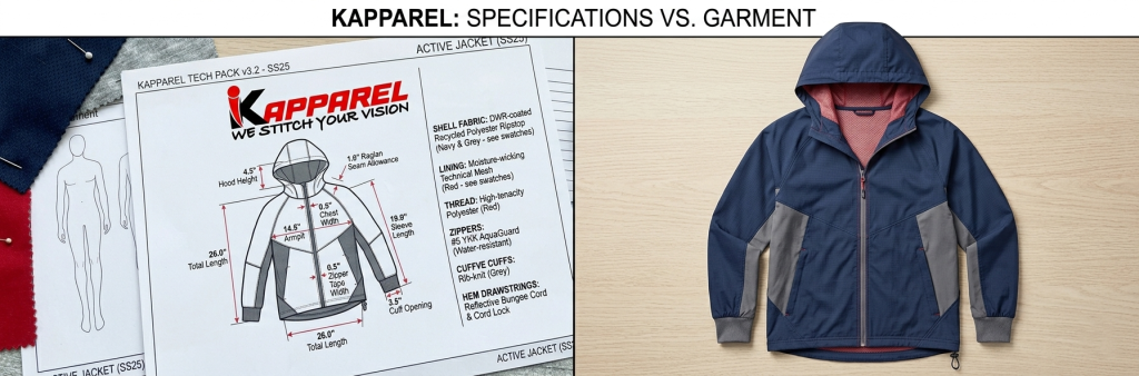 completed fashion tech pack next to finished garment sample for quality comparison