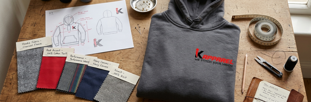 custom apparel sample timeline with fabric swatches and design sketch