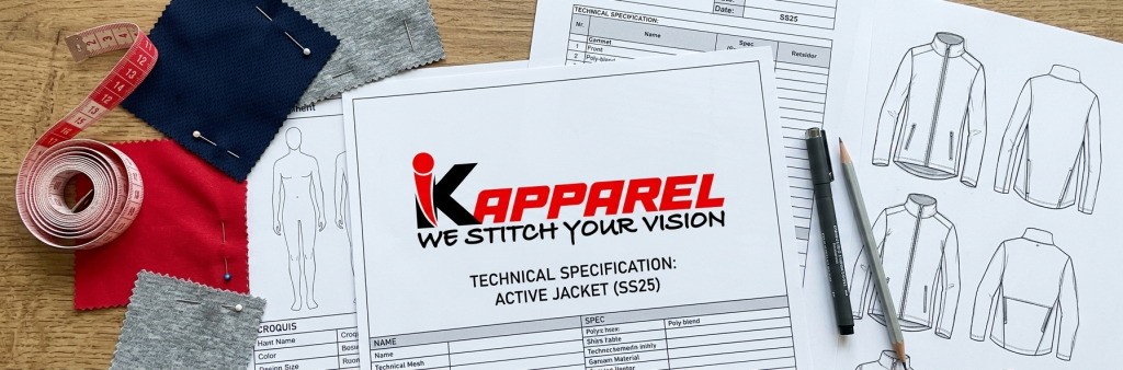 fashion tech pack document with garment sketches and fabric swatches