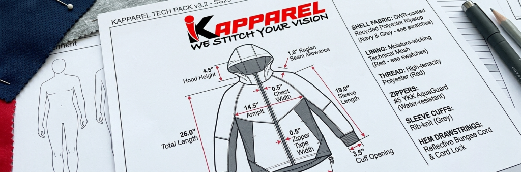 tech pack flat sketch with garment measurements and construction callouts