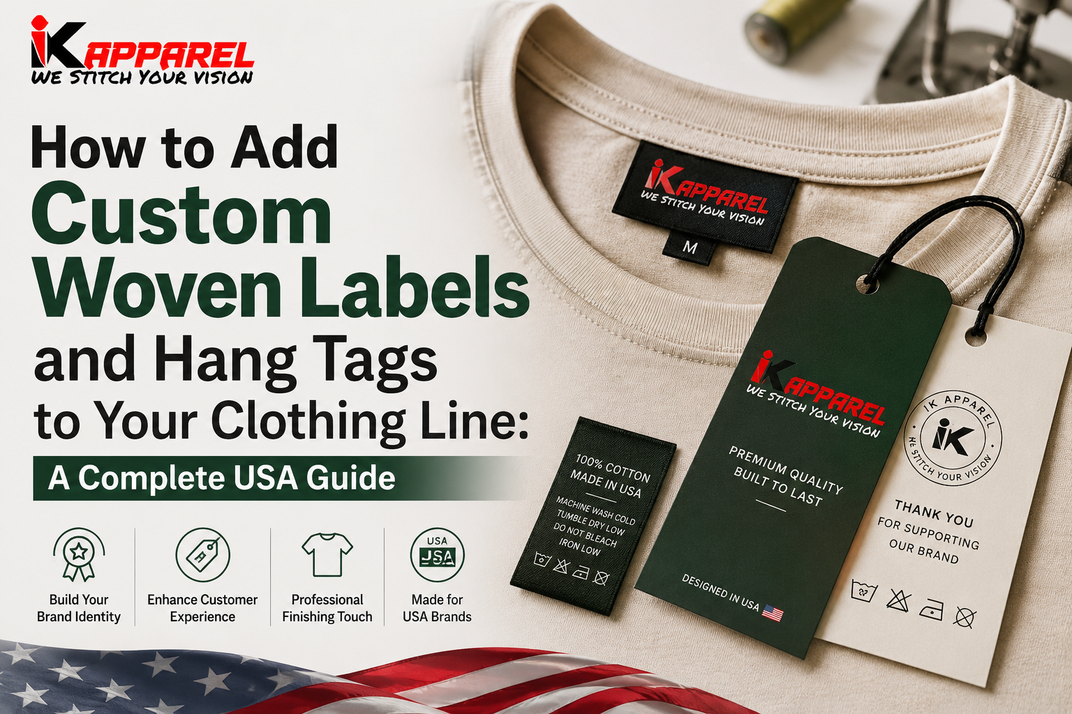 custom woven labels and hang tags for USA clothing brands.