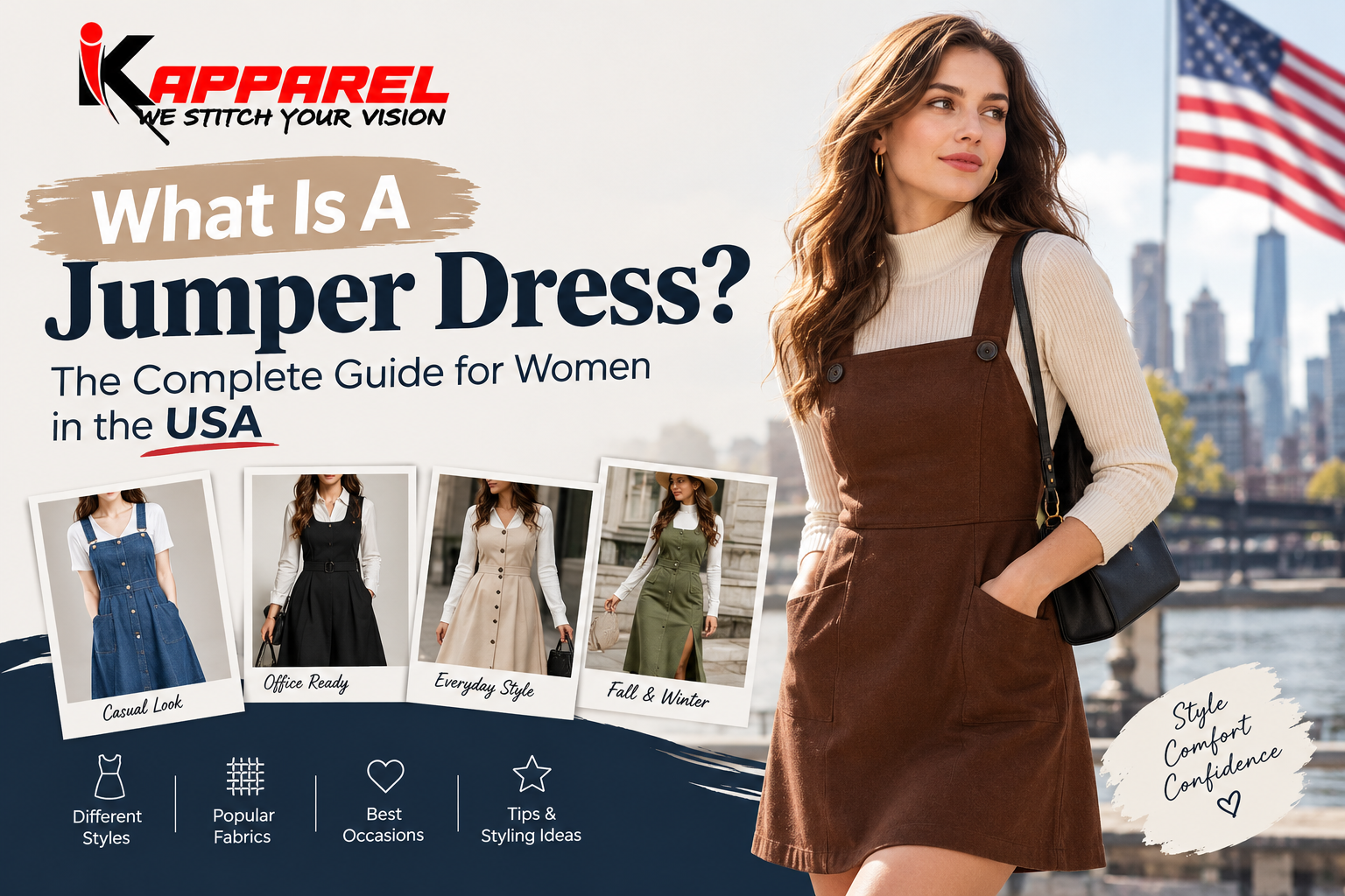 Woman wearing denim jumper dress with turtleneck USA fall style