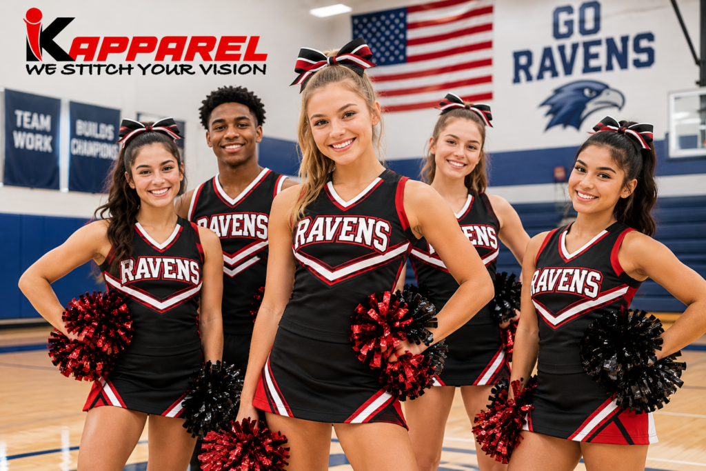 Cheer team wearing matching custom sleeveless shells in a USA gym