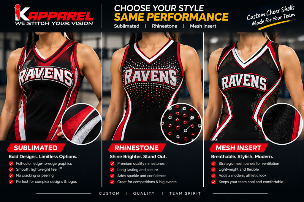 Comparison of sublimated and rhinestone custom cheer shell designs