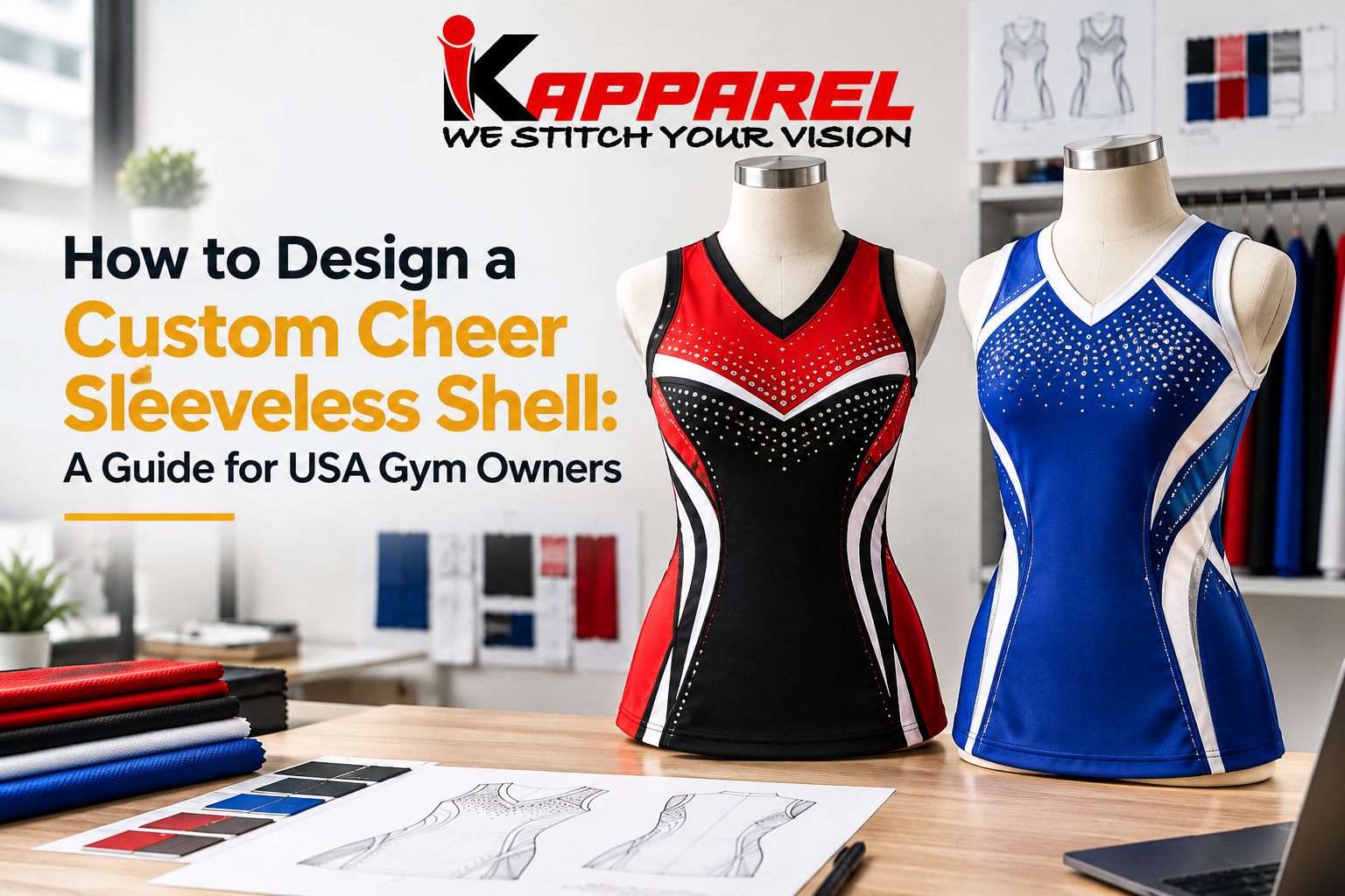 Custom cheer sleeveless shell with sublimated panels for a USA cheer gym