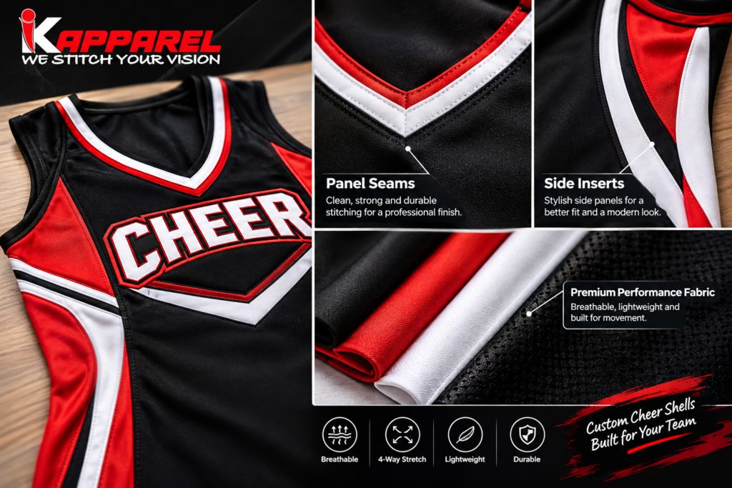 Performance fabric and panel seams on a custom cheer shell